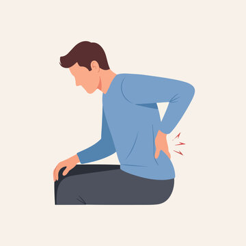 A flat vector illustration of a man sitting and clutching his aching lower back