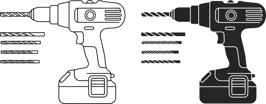 Cordless drill and drill bits with electric vector illustration.