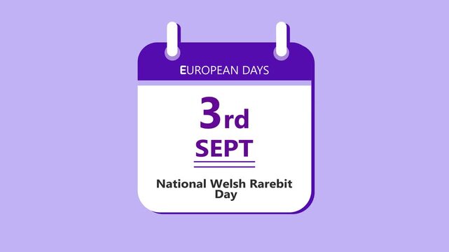 Wildlife conservation calendar interface featuring 3rd September National Welsh Rarebit Day with clean minimal date layout and food heritage theme on purple background 4k animation video