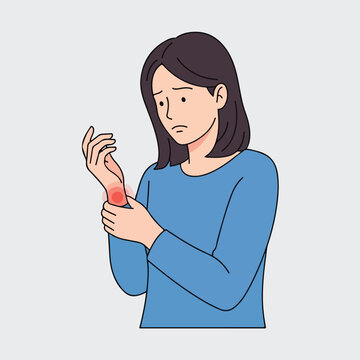 Woman clutching her painful wrist with a red inflammation spot, illustration