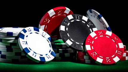 Naklejka premium Red, black, and white casino chips on green felt.
