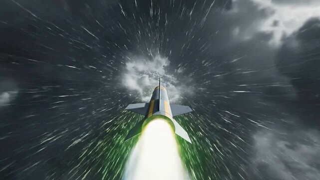 Rocket soaring through cloudy atmosphere with bright contrail