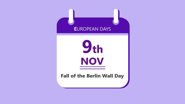 Historical remembrance calendar interface showing 9th November Fall of the Berlin Wall Day with clean minimal date layout and global history theme on purple background 4K black background visuals