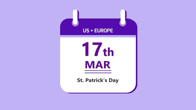 Cultural celebration calendar interface featuring 17th March Saint Patricks Day with clean minimal date layout and festive tradition theme on purple background 4k visuals