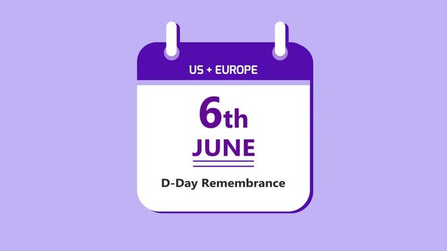 Historical remembrance calendar interface showing 6th June D Day Remembrance with clean minimal date layout and war history theme on purple background 4k visuals