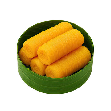 Thai foi thong dessert presented in banana leaf cup, Thai foi thong dessert isolated food element for layout, Thai foi thong dessert ideal for packaging and branding