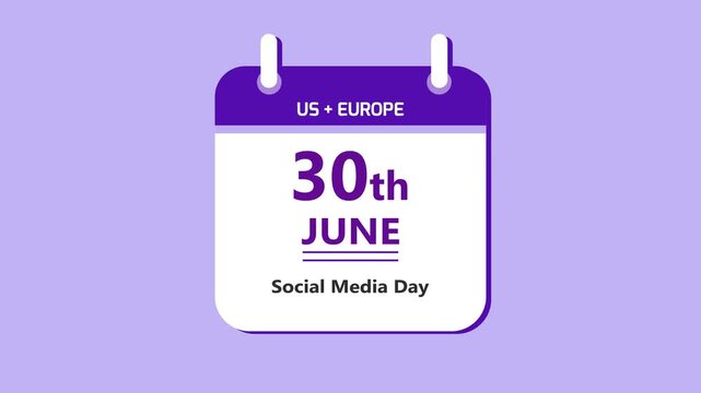 Social media technology calendar interface featuring 30th June Social Media Day with clean minimal date layout and digital communication theme on purple background 4k animation video