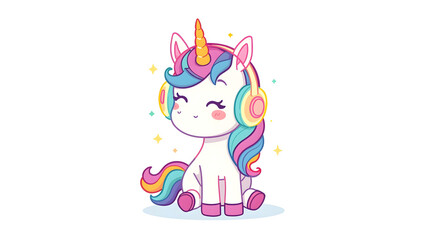 Fototapeta premium Cute cartoon unicorn wearing headphones, winking, rainbow mane and tail, colorful, whimsical illustration