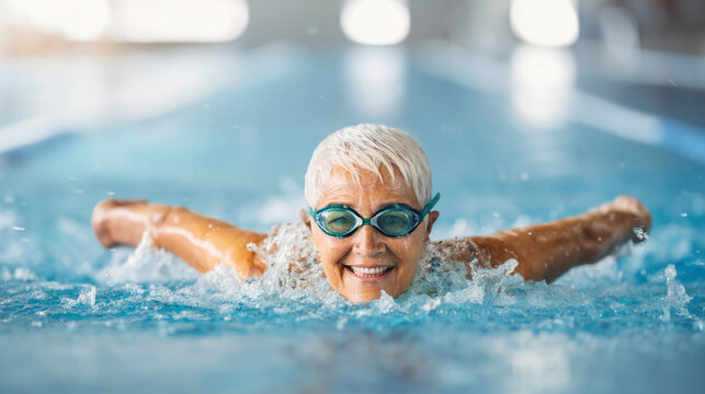 Senior Woman Enjoying Winter Swimming for Fitness and Healthy Lifestyle at Indoor Pool