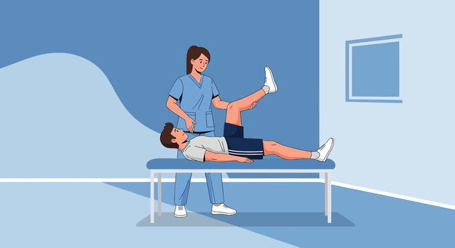 Physical therapist assisting patient with leg extension exercise on examination table