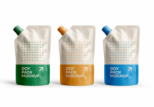 Trio Doypack Spout Pouch Packaging Mockup Collection with Editable Background