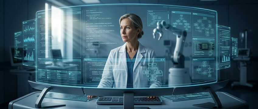 Scientist monitoring software development algorithms on wide holographic screen for AI infrastructure, high-tech lab