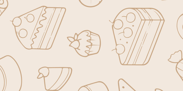 Seamless pattern of various desserts and sweets in a minimalist line art style.