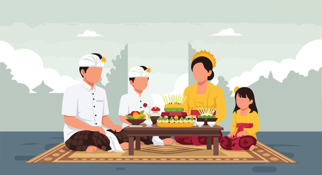 A Balinese family in traditional attire sits on a mat sharing a ceremonial meal