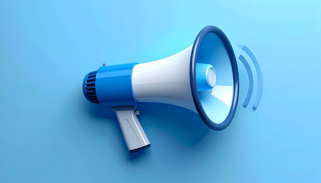 A vibrant blue and white megaphone rests against a solid blue background, symbolizing communication and announcement.