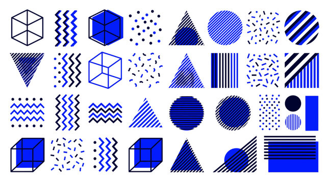 Abstract set of blue and black geometric shapes featuring cubes triangles circles and patterns on white background, concept for graphic branding, web design and presentation materials