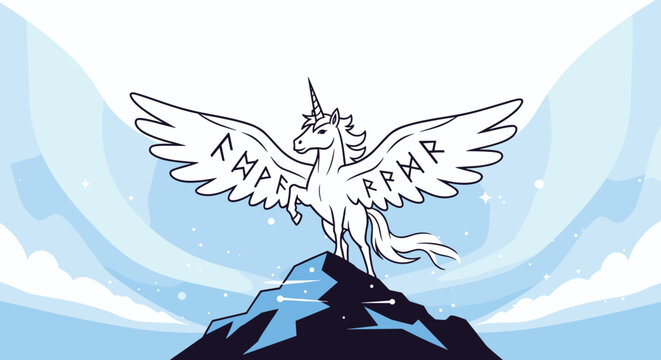 Line art illustration of a majestic winged pegasus standing atop a blue mountain peak against a soft blue sky with clouds and stars.