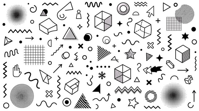Abstract collection of black geometric memphis style shapes including triangles cubes and squiggles on white background, concept for graphic design assets, creative background and retro layout
