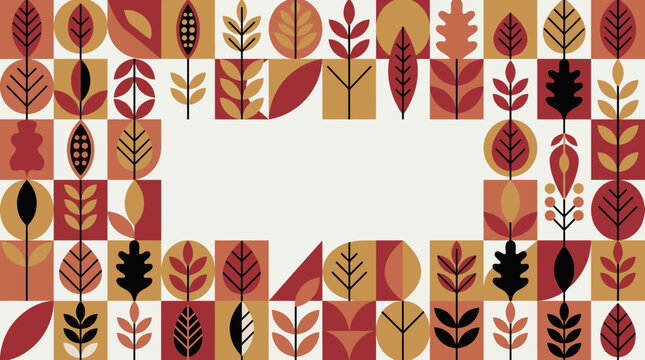 Abstract geometric grid pattern featuring stylized autumn leaves and botanical shapes in earthy warm colors with blank copy space, concept for seasonal banner, brand identity and wallpaper