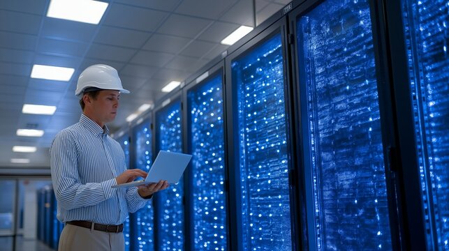 Rows of server racks inside a satellite communications facility glow blue under dim ceiling panels, a lone technician in a hard hat inspects cable bundles at ground level, mist from cooling vents
