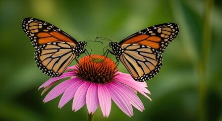 Obraz premium Monarch butterfly resting on a pink echinacea flower in a vibrant garden setting