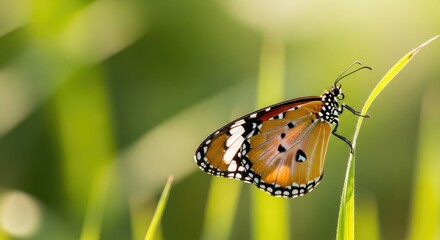 Fototapeta premium A vibrant common buckeye butterfly rests delicately on a blade of green grass in a sunlit garden