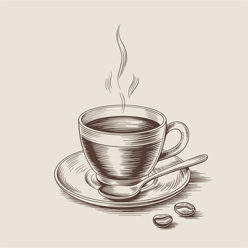 A detailed hand drawn pencil sketch of a steaming cup of coffee