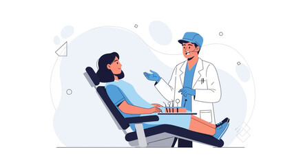 Fototapeta premium Dentist talking to patient in dental chair, modern clinic illustration