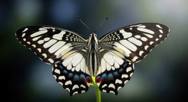A stunning close up of a zebra swallowtail butterfly resting on a vibrant green stem