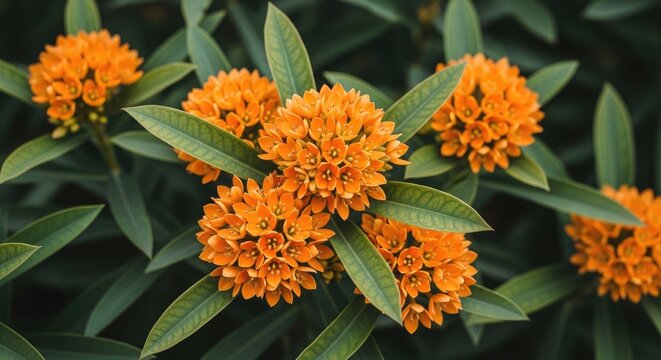 Vibrant orange kangaroo paw flowers bloom amidst lush green foliage in a natural setting
