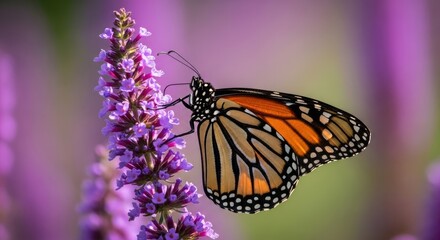 Obraz premium Monarch butterfly resting on vibrant purple flowers a stunning display of nature's beauty