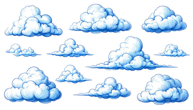 A collection of detailed, blue-toned sketch clouds arranged against a white background.
