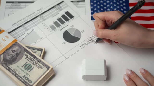 Officer stamps red entered mark on corporate data log after system upload for international American business ensuring no duplicates audit trail regulatory compliance