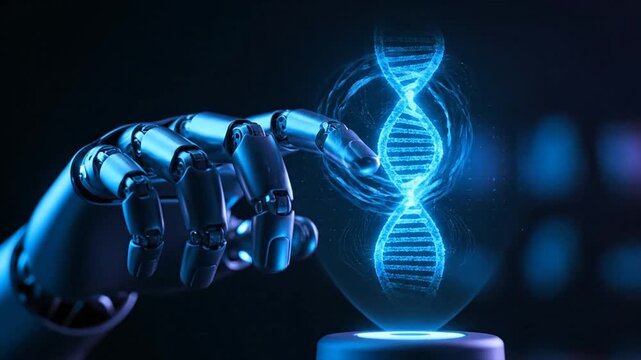 Robot Hand Interacting with DNA Helix Structure.