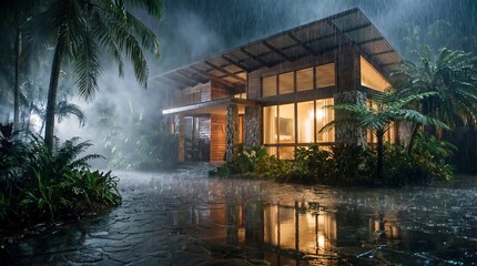 Fototapeta premium A serene wooden house glows warmly on a rainy tropical night surrounded by palm trees and lush vegetation in a misty landscape.