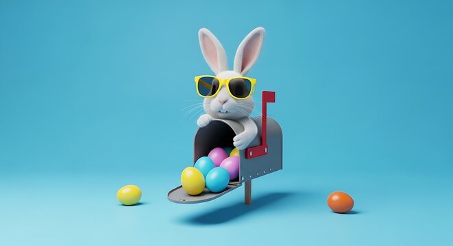 Cute bunny jumping from mailbox full of Easter eggs wearing fun sunglasses vibrant blue backdrop