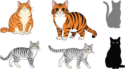 Fototapeta premium Domestic Cat Vector Collection Featuring Ginger Tabby, Grey Striped Cats, and Feline Silhouettes for Pet Care and Animal Lover Designs