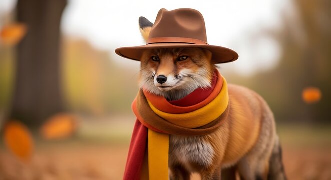 Fashionable fox wearing wide brim hat and scarf autumn tones editorial style portrait