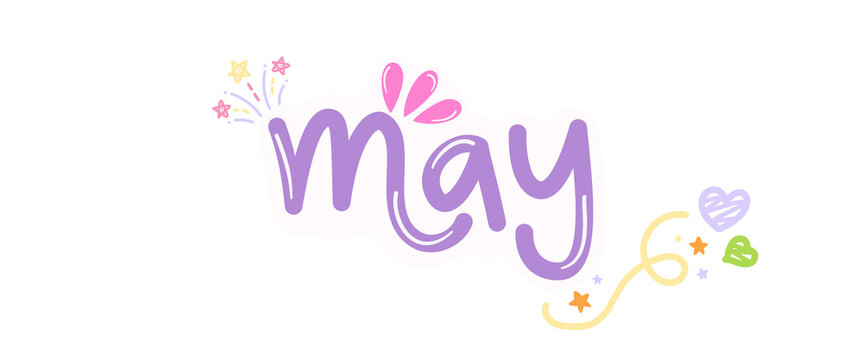 A Whimsical May: An artistically rendered May script, embellished with charming floral accents and radiant starbursts, encapsulates the vibrant energy of spring.