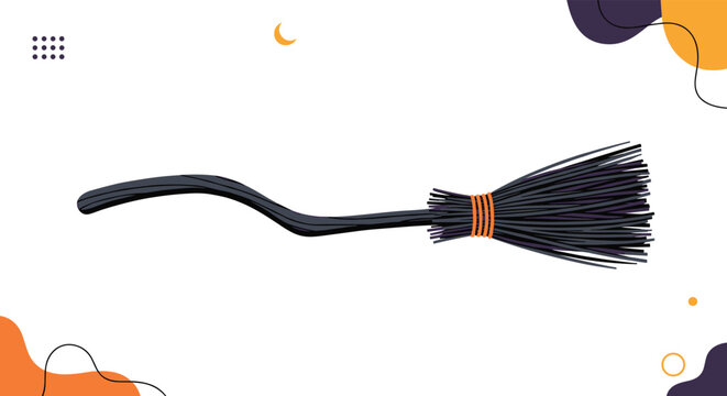 Classic witch broom with a gnarled black handle and a thick bundle of twigs tied with orange string for Halloween themed decorations.