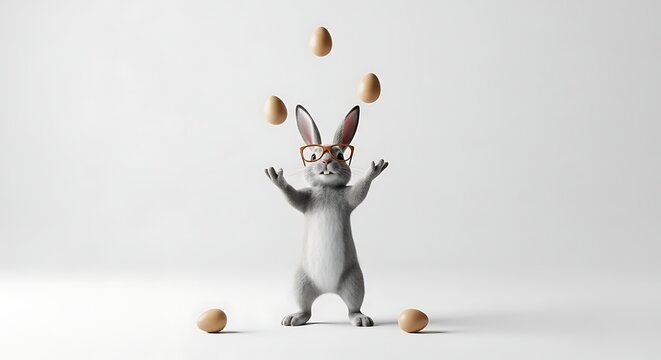 Cute bunny tossing eggs like juggling balls wearing stylish glasses clean background