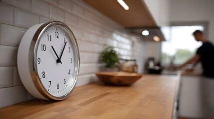 Naklejka premium A close up view of a simple analog clock resting on a wooden kitchen counter set in a bright modern home environment