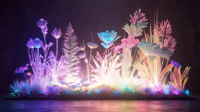 Futuristic neon bioluminescent plant garden display dark studio ultra-detailed fantasy flowers and foliage vibrant lighting