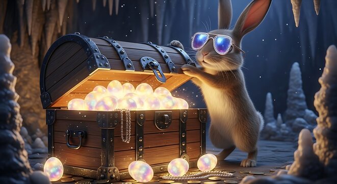 Cute bunny popping from present box with Easter eggs wearing trendy sunglasses