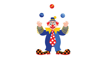 Naklejka premium Friendly circus clown with a red nose and colorful outfit skillfully juggles three balls while balancing on large checked shoes.