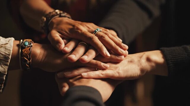 Unity and Teamwork Concept with Diverse Hands Stacked Together for Community Support and Collaboration.