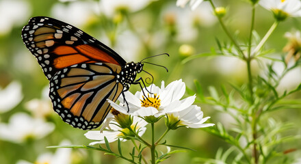 Fototapeta premium Monarch butterfly on white cosmos flower with green foliage background insect orange