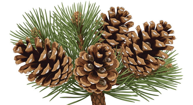 Collection of large brown pine cones nestled among green pine needles creates a natural and rustic forest arrangement.