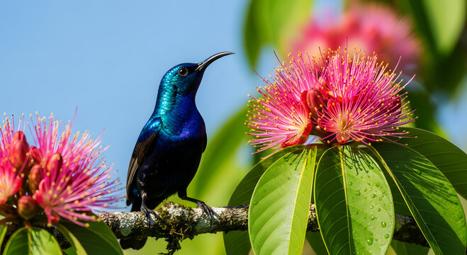 Iridescent blue bird perched on a branch near pink exotic flowers purple green