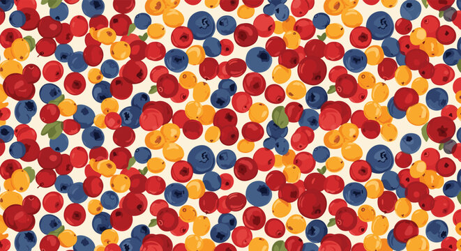 Vibrant berry pattern showcases a variety of colorful fruits including blueberries and cranberries scattered on a light surface.